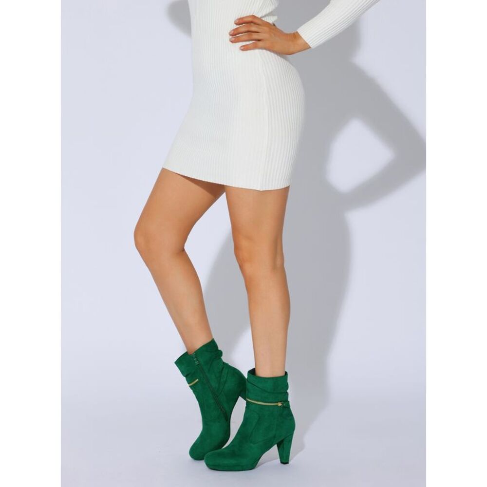 Women's Ankle Zip Platform High Heel Mid Calf Boots Emerald Green - Picture 4 of 6